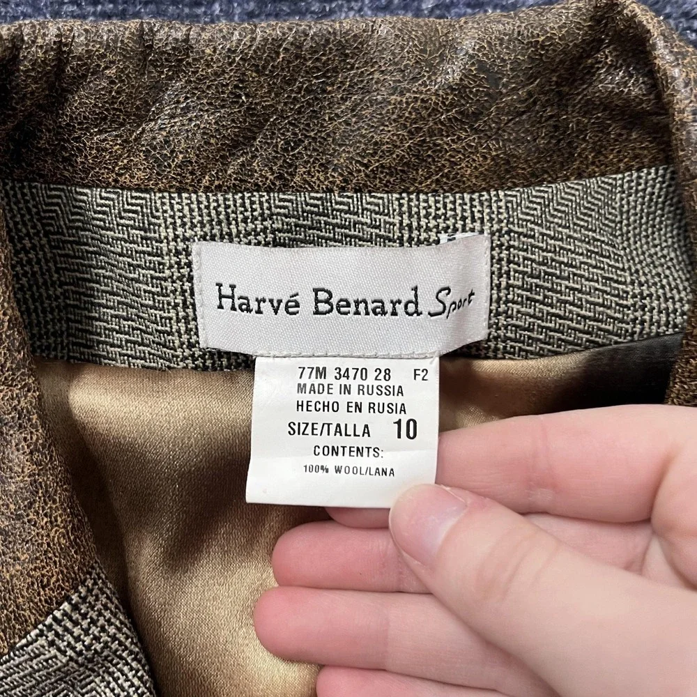 Harve Benard Sport Blazer Jacket Womens 10 Gray Plaid Wool Faux Leather Collar - Picture 3 of 10